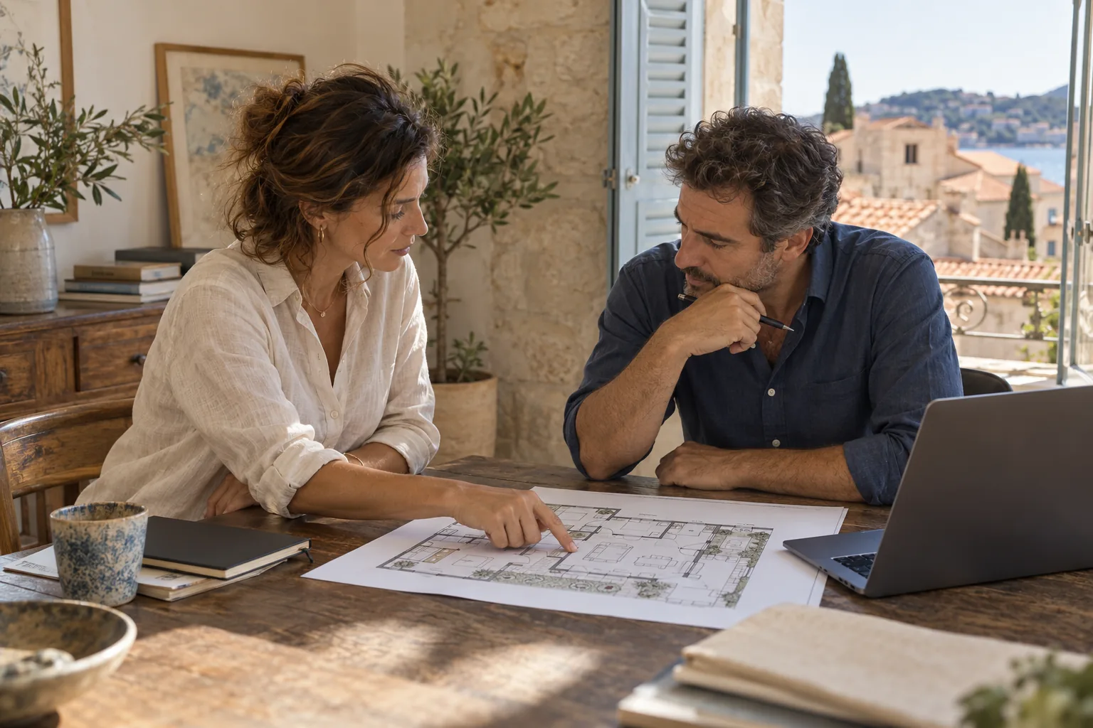 Une professionnelle échange autour d’un projet immobilier à une table
